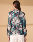 Print Mandarin Collar Puff Sleeve Cotton Top