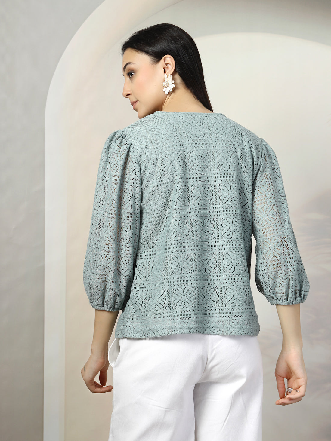 Women Sea Green Solid Round Neck Cotton Top