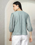 Women Sea Green Solid Round Neck Cotton Top