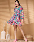 Multi Above Knee V Neck Floral Print A Line Dress