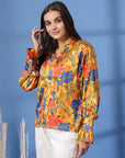 Mustard Floral Print Mandarin Collar Bell Sleeve Shirt Style Top