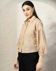 Women Beige Solid Shirt Collar Full Sleeve Cotton Top