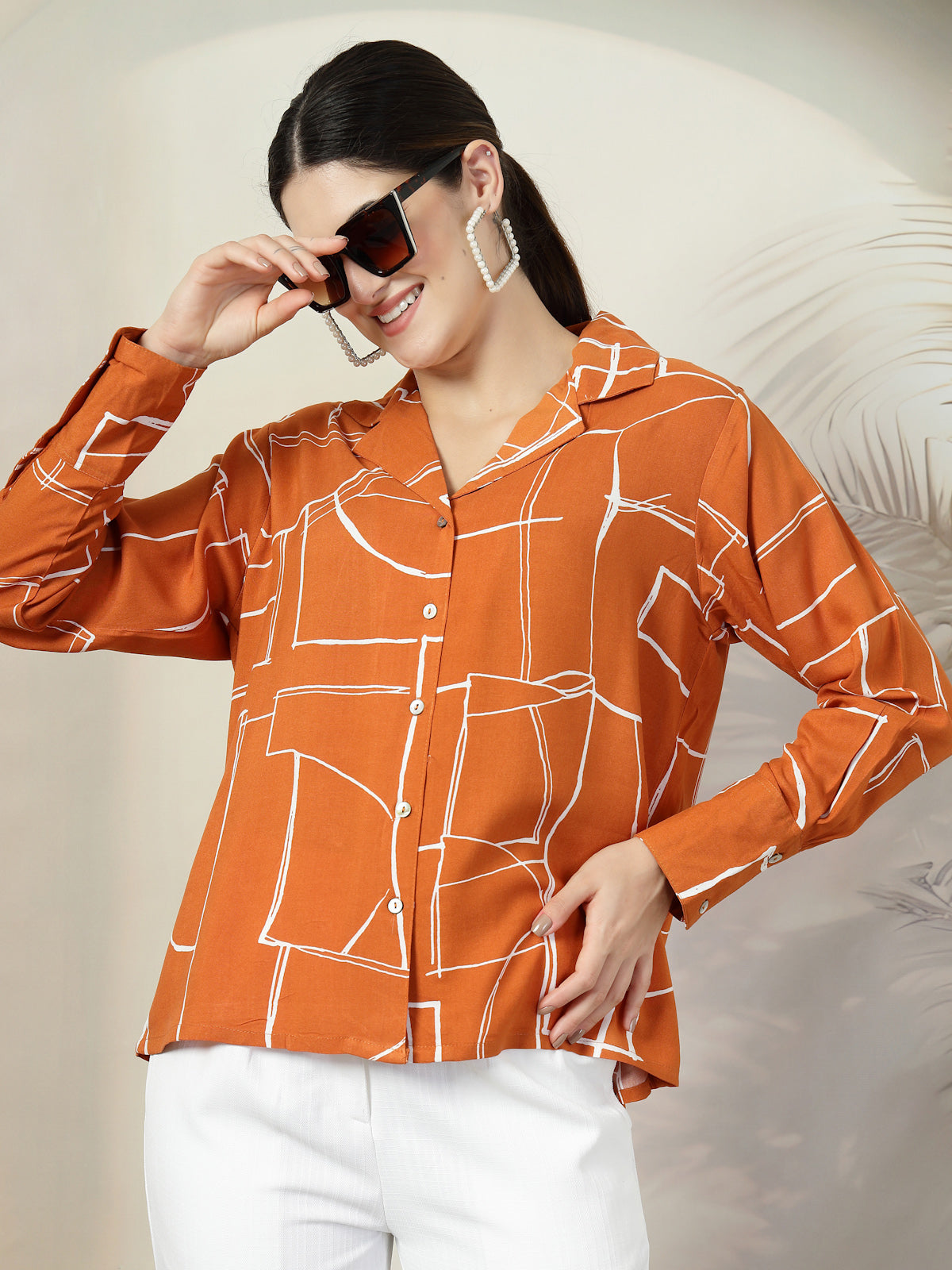 Orange floral printed opaque Spread Collar Casual shirt