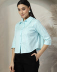 Women Blue Solid Shirt Collar 3/4th Sleeve Cotton Top