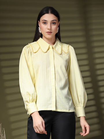 Yellow Regular Sleeves Above the Keyboard Collar Women Standard Opaque Casual Shirt