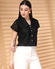 Black Solid Shirt Collar Cotton Crop Top