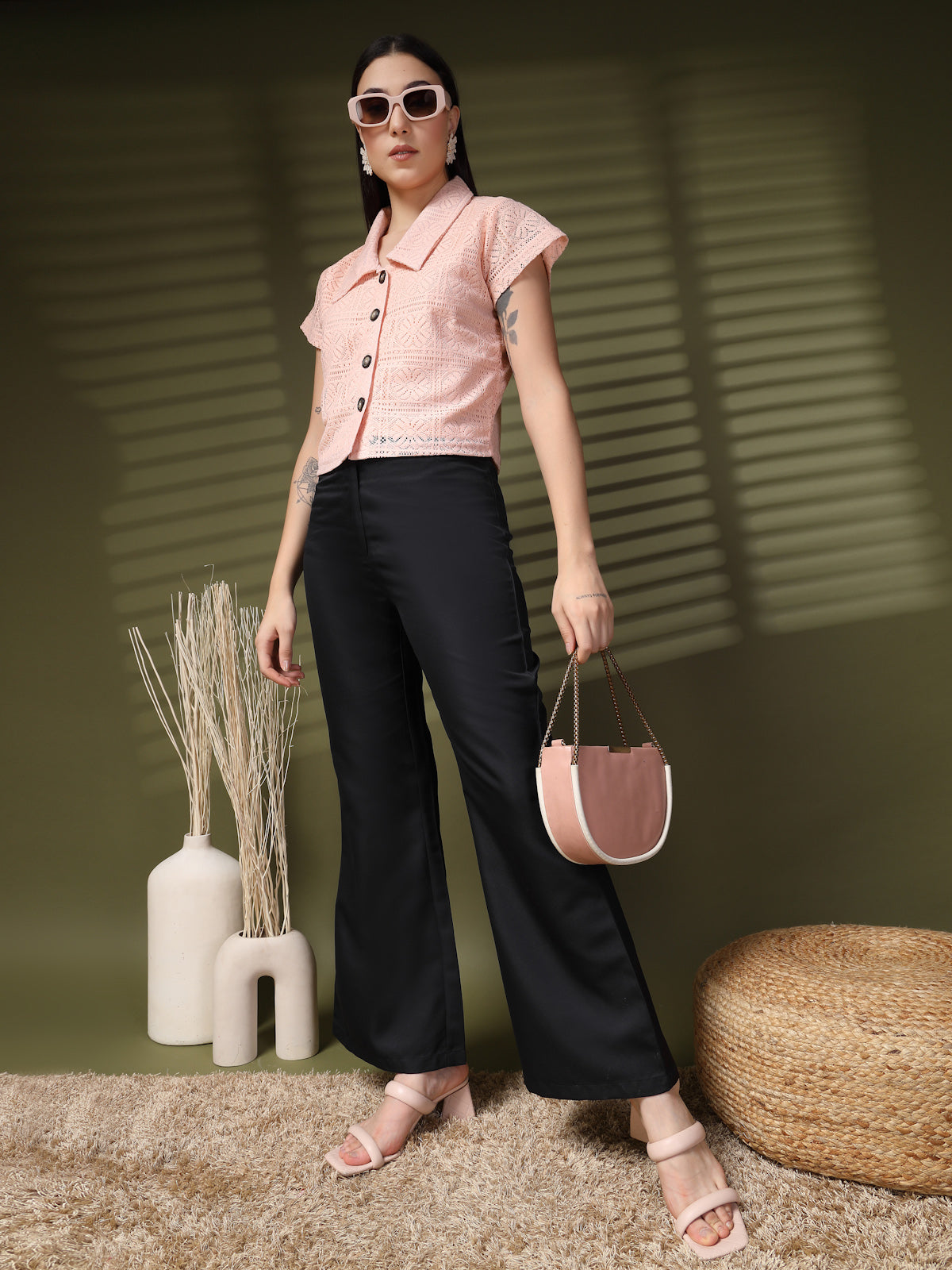 Pink Solid Shirt Collar Cotton Crop Top