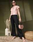 Pink Solid Shirt Collar Cotton Crop Top