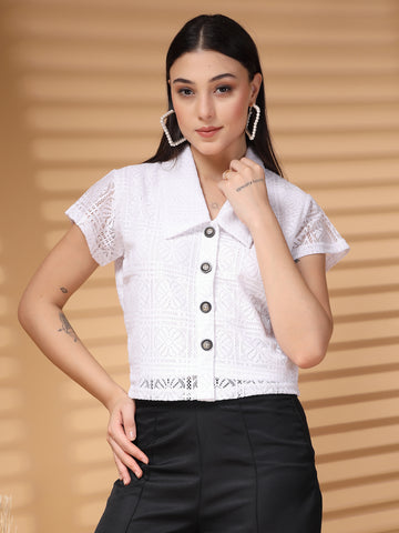 White Solid Shirt Collar Cotton Crop Top
