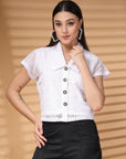 White Solid Shirt Collar Cotton Crop Top