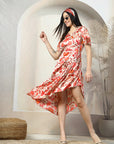 Beige Floral Print A-Line Midi Dress