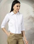 Women White Solid Shirt Collar 3/4th Sleeve Cotton Top