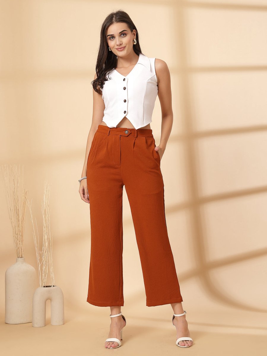 Rust Solid Pleated Trousers