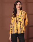 Print Mandarin Collar Puff Sleeve Cotton Top