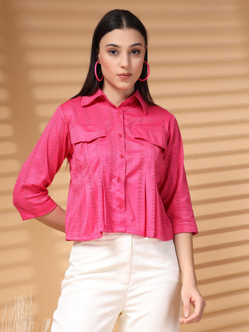 Pink Solid Shirt Collar Crop Top