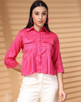 Pink Solid Shirt Collar Crop Top
