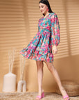 Multi Above Knee V Neck Floral Print A Line Dress