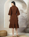 Brown Solid Belted A-Line Midi Dress