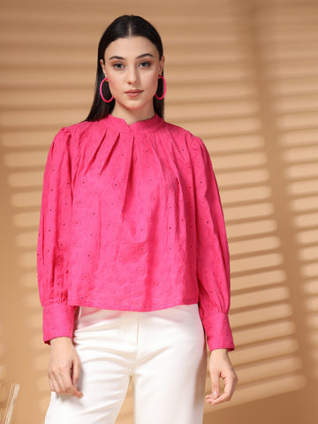 Pink Solid Round Neck Cotton Top