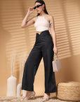 Black Solid Regular Trousers Women Loose Fit High Rise Trousers