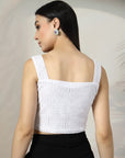 Women White Solid Square Neck Sleeveless Cotton Top