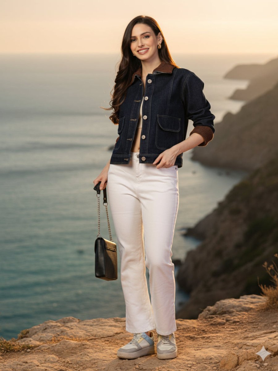 Woman in a denim jacket and white pants standing against a red background