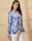 Blue Floral Print Mandarin Collar Bell Sleeve Shirt Style Top