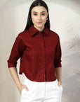 Women Maroon Solid Shirt Collar 3/4th Sleeve Cotton Top