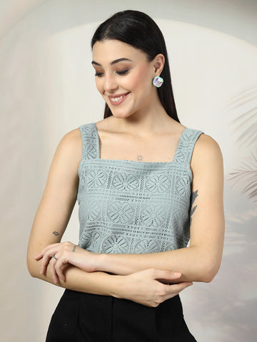 Women Sea Green Solid Square Neck Sleeveless Cotton Top