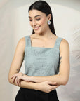 Women Sea Green Solid Square Neck Sleeveless Cotton Top