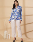 Blue Floral Print Mandarin Collar Bell Sleeve Shirt Style Top