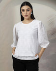 Women White Solid Round Neck 3/4th Sleeve Cotton Top