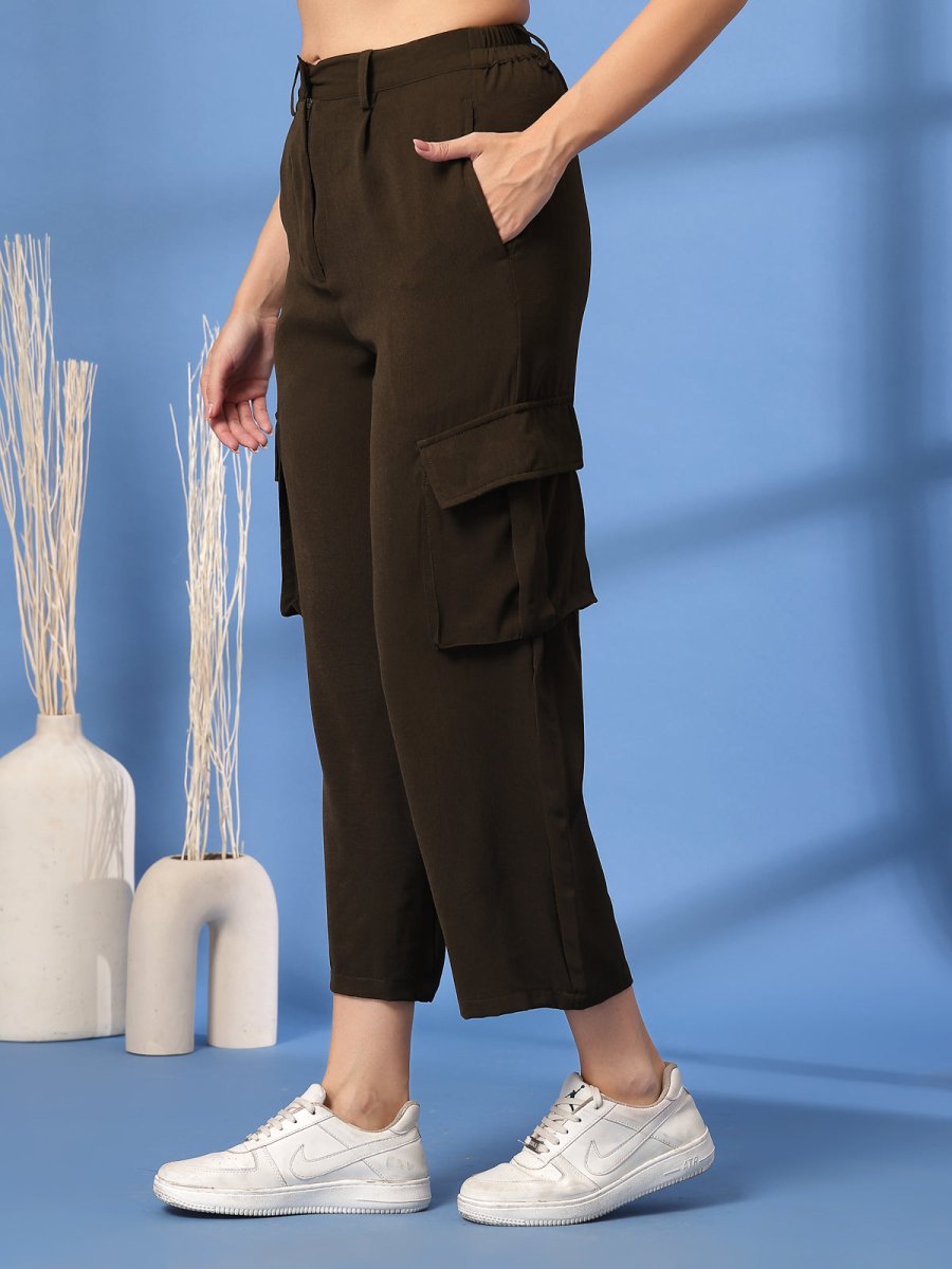 Brown Solid Pleated Trousers