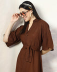 Brown Solid Belted A-Line Midi Dress