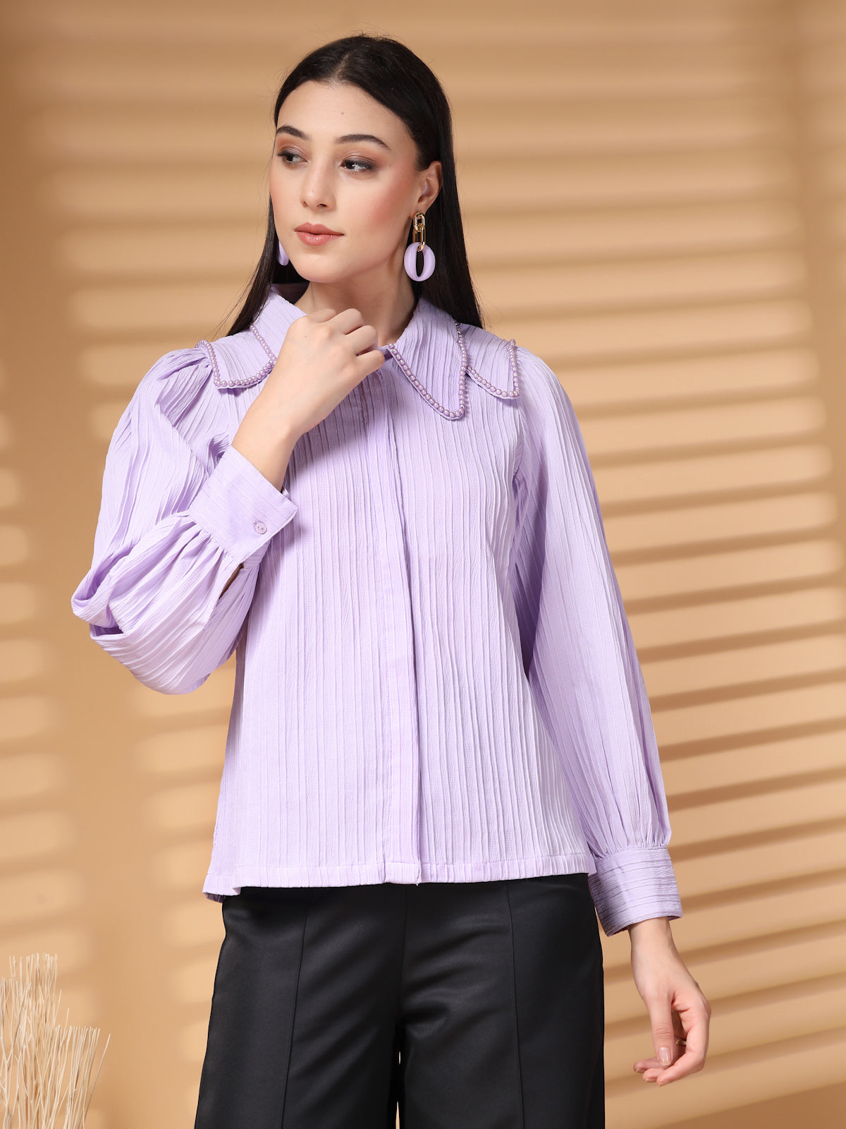 Lavender Regular Sleeves Above the Keyboard Collar Women Standard Opaque Casual Shirt