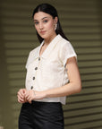 Cream Solid Shirt Collar Cotton Crop Top