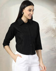 Women Black Solid Shirt Collar 3/4th Sleeve Cotton Top