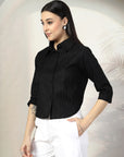 Women Black Solid Shirt Collar 3/4th Sleeve Cotton Top