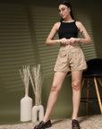 Beige Solid Regular Fit Women Shorts