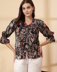 Brown Floral Print Bell Sleeve Top