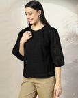 Women Black Solid Round Neck 3/4th Sleeve Cotton Top