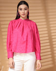 Pink Solid Round Neck Cotton Top