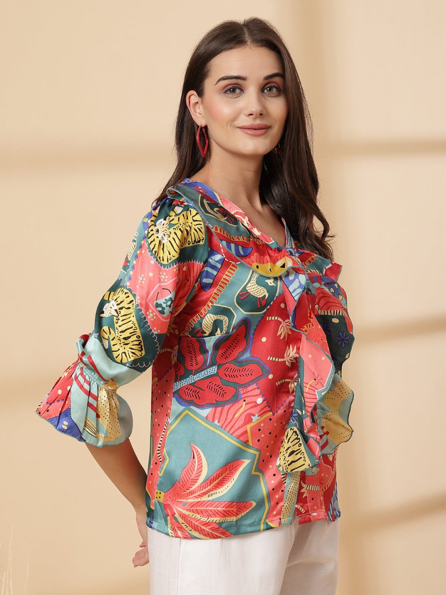 Multi Floral Print Bell Sleeve Top
