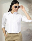 Women White Solid Shirt Collar 3/4th Sleeve Cotton Top