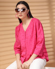 Pink Solid V Neck Cotton Top