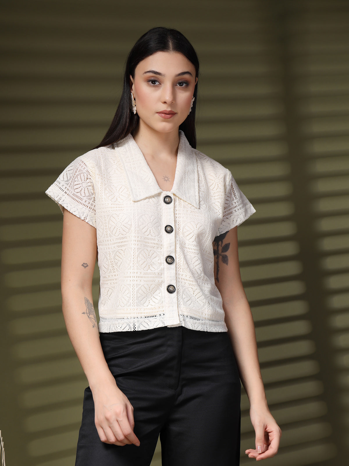 Cream Solid Shirt Collar Cotton Crop Top