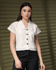 Cream Solid Shirt Collar Cotton Crop Top