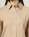 Women Beige Solid Shirt Collar Full Sleeve Cotton Top