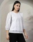 Women White Solid Round Neck 3/4th Sleeve Cotton Top