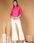 Pink Solid Shirt Collar Crop Top